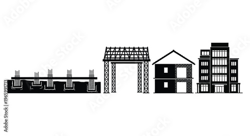 A black and white depiction of buildings in various stages of construction presented as a striking silhouette high quality professional detailed modern elegant