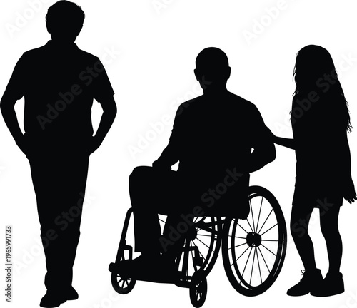 Disability support silhouettes showing wheelchair user with companions standing together isolated on white background vector illustration for inclusion accessibility and social care concept