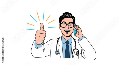 Cheerful male doctor talking on a smartphone and giving a thumbs up gesture to show success or a positive medical update.