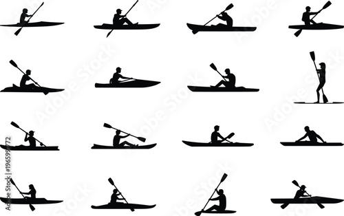Kayaking silhouettes collection featuring paddlers in different canoe positions isolated on white background vector set for water sports and outdoor activity design