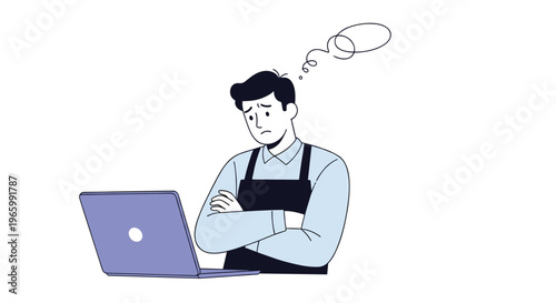 Concerned man wearing an apron looking at a laptop computer while thinking deeply about a problem or business challenge.