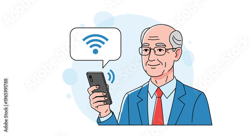 Smiling senior man holding a smartphone with a wifi symbol in a speech bubble indicating successful wireless internet connection.