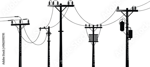 Electric power line poles silhouettes collection featuring utility transmission structures with wires transformers isolated on white background vector illustration for energy infrastructure design