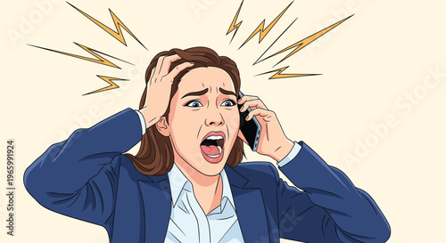 Stressed businesswoman looking panicked and shouting into her smartphone during a loud or urgent telephone conversation.