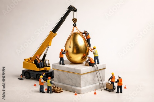 Construction crew installing large golden egg on pedestal for easter monument display and promotional banner background