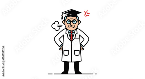 Grumpy old professor or doctor wearing academic cap and white lab coat looking angry with steam coming from his ears.