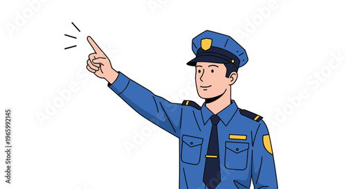 Smiling male police officer in blue uniform pointing his finger upwards as if giving instructions or highlighting a direction.