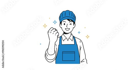 Energetic young male worker wearing blue apron and cap celebrating success with a fist pump and a cheerful wink.