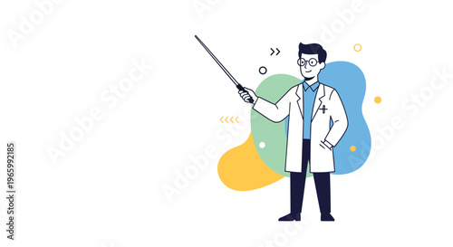 Young male doctor or researcher in white lab coat holding a pointer stick for an educational presentation or explanation.