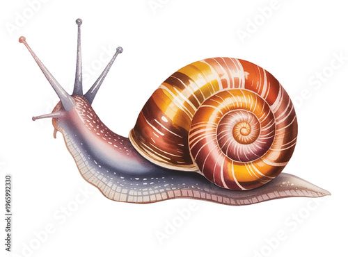 Detailed garden snail with spiral shell in soft hand-painted watercolor.
