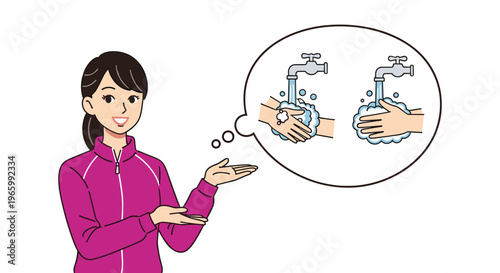 Cheerful young woman in purple tracksuit presenting an illustration of proper hand washing techniques for hygiene.