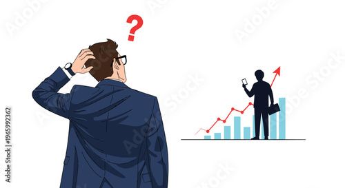 Confused businessman in suit scratching his head while looking at a rising financial growth chart and silhouette.