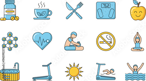 Healthy lifestyle icons set, fitness wellness flat vector illustrations, nutrition exercise medical symbols, yoga swimming gym treadmill icons collection, healthcare.