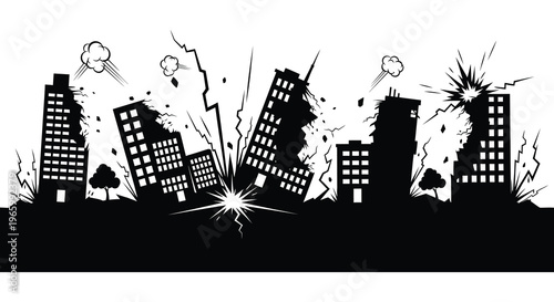 A black cityscape is dramatically collapsing with explosions and jagged lines rendered as a striking silhouette high quality professional detailed modern