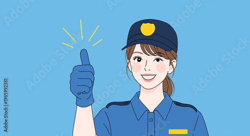 Cheerful female police officer in blue uniform and cap giving an encouraging thumbs up gesture on a blue background.