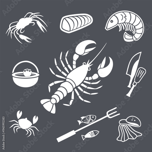 Professional seafood restaurant icon pack including food and kitchen elements. Perfect for menus, branding, packaging, and food delivery apps.