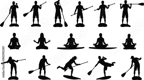 Stand up paddle board silhouettes set, SUP yoga and surfing black vector icons, water sports activities, paddle boarding man woman.