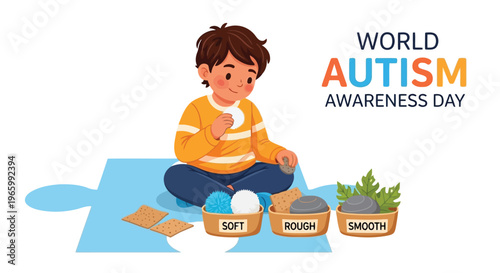 Child engaging in sensory play with textured items for autism awareness