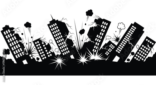 A stark depiction of a city skyline in chaos with buildings crumbling and explosions erupting presented as a silhouette high quality