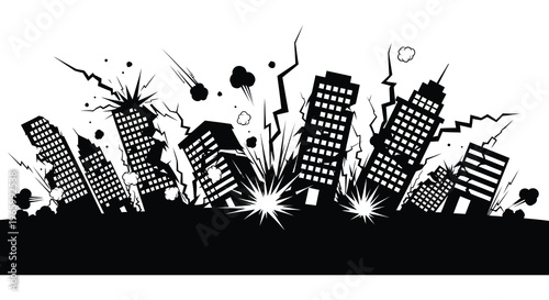 A dramatic black and white illustration depicts a city under attack with buildings crumbling and explosions occurring a striking silhouette