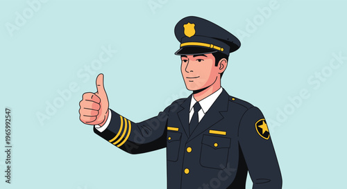 Confident male pilot or officer in dark blue uniform giving a thumbs up gesture on a light blue background.