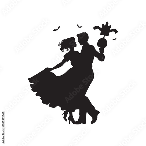 Couple Dancing Silhouette with Bats and Flower Bouquet on White Background