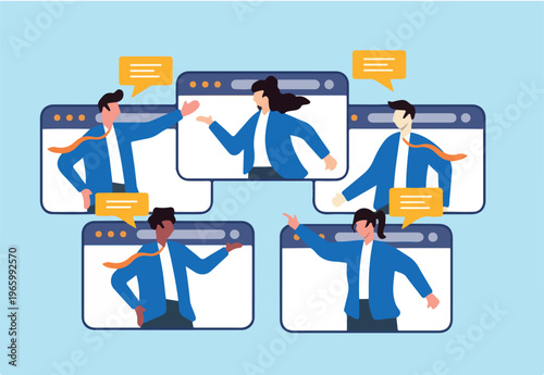 Flat illustration of diverse business people in online meeting communicating via video conference windows and chat bubbles.
