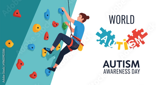Young woman rock climbing for autism awareness day illustration
