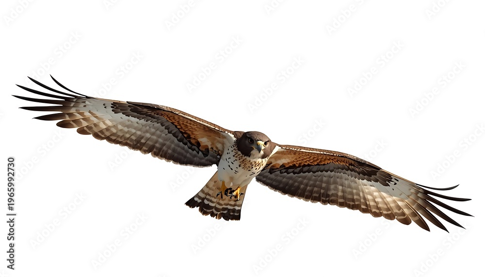 Obraz premium A majestic hawk with broad wings soaring gracefully through the air, captured directly from the front against a pure white background.