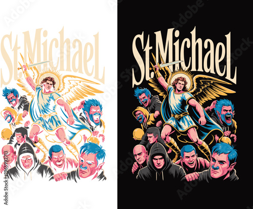 St. Michael Archangel Fighting Angry Mob Illustration, Guardian Angel Vector T-Shirt Design