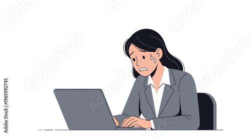 Stressed and anxious businesswoman in a suit looking at her laptop screen with sweat drops on her forehead.