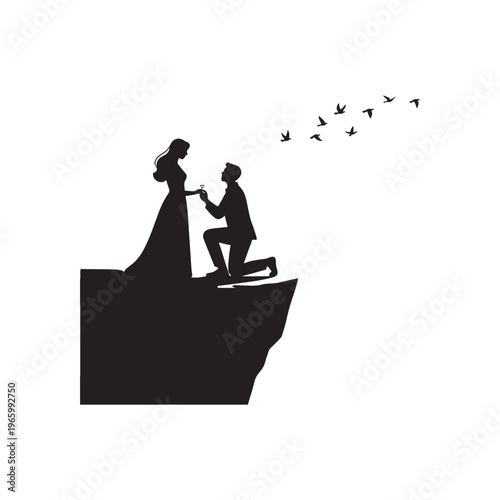 Man Proposing to Woman Silhouette on Cliff Edge with Flying Birds on White Background