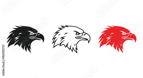 Three eagle head icons in black, white, and red on a plain white background.