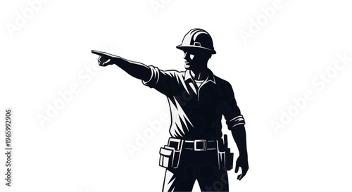 A construction worker in silhouette pointing direction