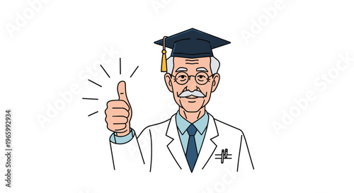 Experienced senior professor in graduation cap and white coat giving a supportive thumbs up gesture of approval.