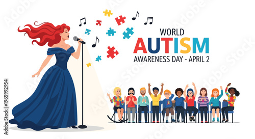 Woman singing to diverse audience for world autism awareness day event