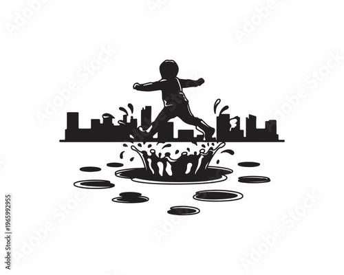 Silhouette of a child jumping in a puddle with city skyline in the background and water splashing around on a white background
