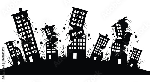 A stark black silhouette of crumbling buildings and a desolate cityscape evokes post apocalyptic themes and urban decay silhouette high quality professional