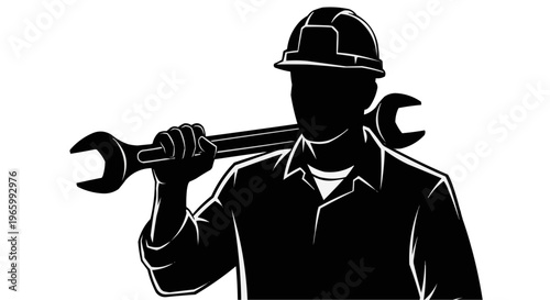A silhouette of a worker holding a wrench in a hard hat