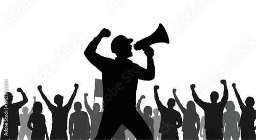 A silhouette of a man holding a megaphone in front of a crowd of people