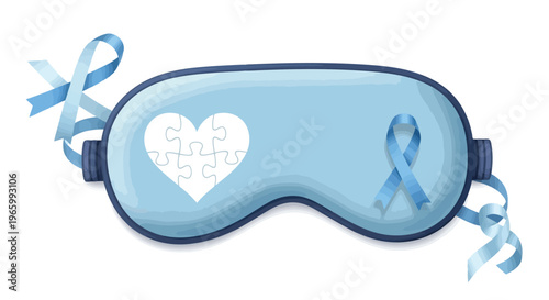 Blue sleep mask with autism awareness ribbon and heart puzzle piece