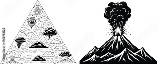 Volcano eruption silhouette set, natural disaster vector illustrations, mountain smoke and ash, storm tornado weather icons, geological volcanic activity, triangle.