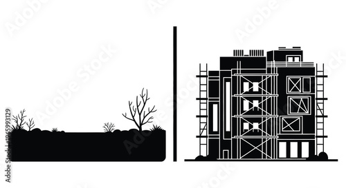 A stark black silhouette depicts a building sparse trees and ground cover against a clean white background silhouette high quality professional