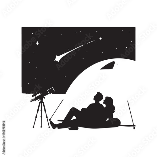 Silhouette of a couple stargazing with a telescope under a starry night sky and a shooting star