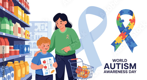 Woman helping child with shopping list in grocery store aisle graphic