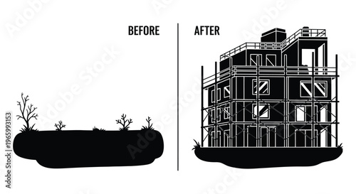 A stark visual comparison of a barren landscape transforming into a modern multi story building silhouette high quality professional detailed modern