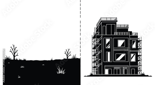 A stark black and white illustration depicts a modern building alongside a barren landscape presented as a silhouette high quality professional detailed elegant