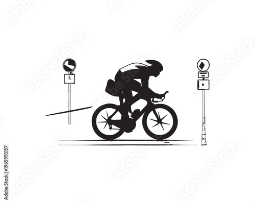 Silhouette of a cyclist in motion on a road with traffic signs on a white background