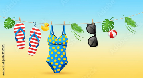 Swimwear, beachwear, bathing suits, summer clothing, vector illustrations