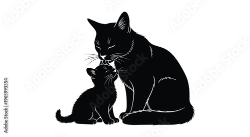 A tender moment is captured with a mother cat and kitten in a striking black silhouette high quality professional detailed modern